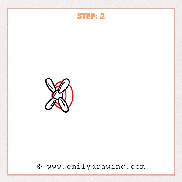 how to draw a cartoon airplane - Cartoon airplane drawing with a four-blade propeller and an oval nose ring added behind it.